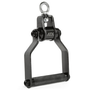 The ATX® Stirrup Handle Blackline is a black gym equipment attachment featuring a gripped cylindrical handle and metal eyelet. Its sturdy metal construction makes it ideal for various upper body exercises.