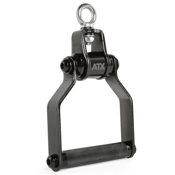 The ATX® Stirrup Handle Blackline is a black gym equipment attachment featuring a gripped cylindrical handle and metal eyelet. Its sturdy metal construction makes it ideal for various upper body exercises.