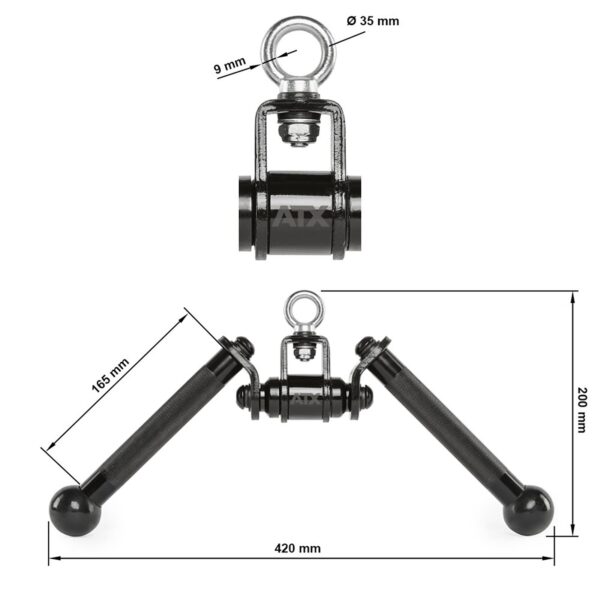 Image of the ATX® V Bar Rotational Blackline, a black metal gym attachment with two angled handles and a central rotating joint. Dimensions include a 35mm top screw, 9mm pin, 420mm width, 165mm handle length, and 200mm between top and bottom handles.