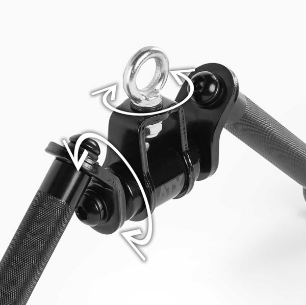 Close-up of the ATX® V Bar Rotational Blackline, featuring a black adjustable joint with textured grip handles and an eyelet ring. Arrows show rotational movement around the joint, set against a white background to highlight the devices mechanics.