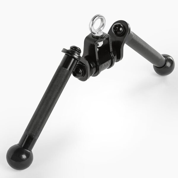 The ATX® V Bar Rotational Blackline features a close-up of a black metal cable attachment with two textured handles, an eyelet for connection, and rounded caps on each end. It is ideal for exercises like tricep pushdowns.