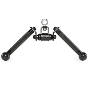 The ATX® V Bar Rotational Blackline is a black dual exercise handle attachment featuring textured grips and a central metal ring, ideal for use with gym equipment like cable machines.
