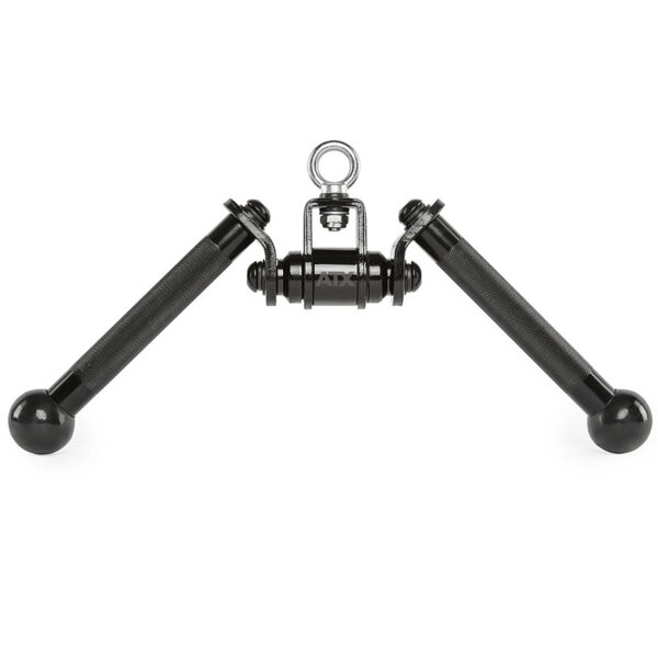 The ATX® V Bar Rotational Blackline is a black dual exercise handle attachment featuring textured grips and a central metal ring, ideal for use with gym equipment like cable machines.