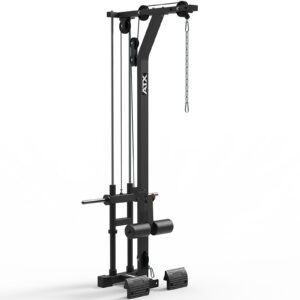 The ATX® Lat Option 650 Plate Loaded is a black multi-functional gym cable machine featuring pulleys, foot pedals, and a chain attachment for weightlifting and strength training, displayed against a plain white background.
