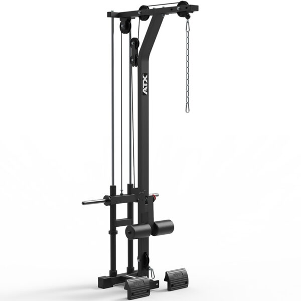 The ATX® Lat Option 650 Plate Loaded is a black multi-functional gym cable machine featuring pulleys, foot pedals, and a chain attachment for weightlifting and strength training, displayed against a plain white background.