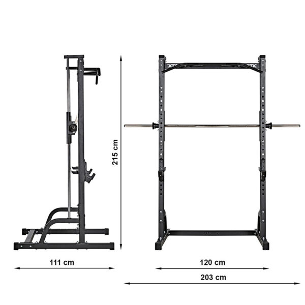 The ATX® Smith Machine Half Rack is a black metal unit with dimensions of 215 cm height, 120 cm width, and 203 cm front depth; side view depth is 111 cm. It features barbell holders at the top and bottom supports.