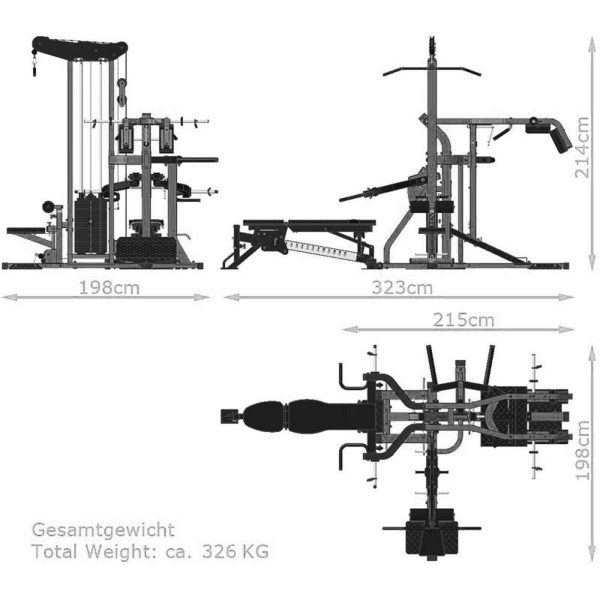 Diagram of a multi-station gym machine showing side and top views. Dimensions are 198cm height, 323cm width, and 214cm height. Total weight is approximately 326 kg. Contains labels in German and English.