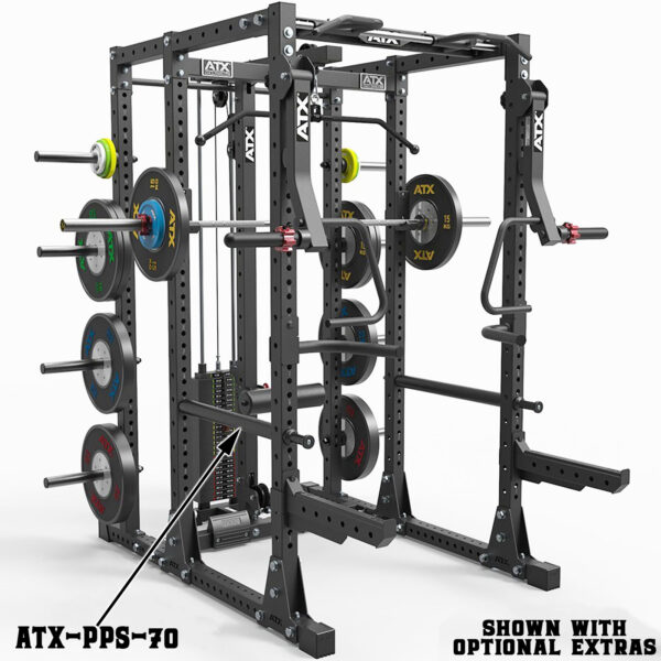 A black ATX® Spotters Sabre 70cm power rack, fully loaded with weights and optional extras, featuring a pull-up bar, weight plates on both sides, and a cable machine attachment, labeled ATX-PPS-70 with additional equipment attached.