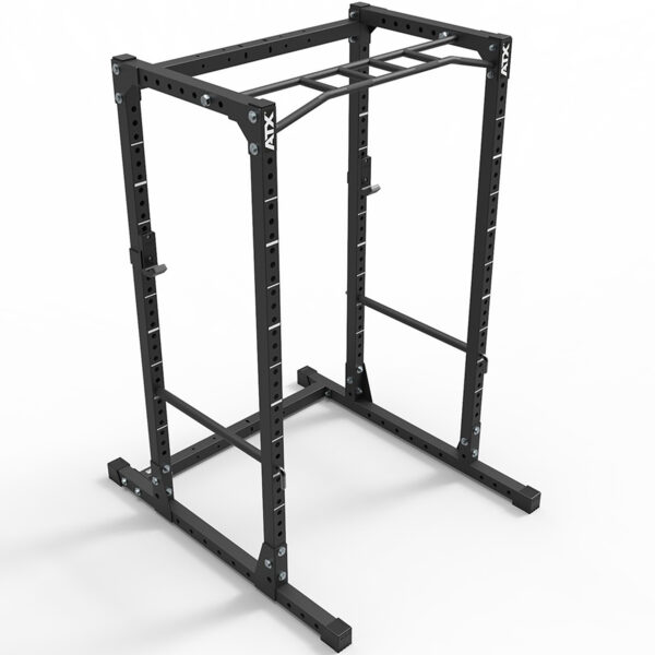 The ATX® Power Rack 610 195cm is a black metal power rack designed for low ceilings, featuring a pull-up bar, adjustable weight rack positions, and a sturdy base, ideal for strength training and weightlifting in compact spaces.