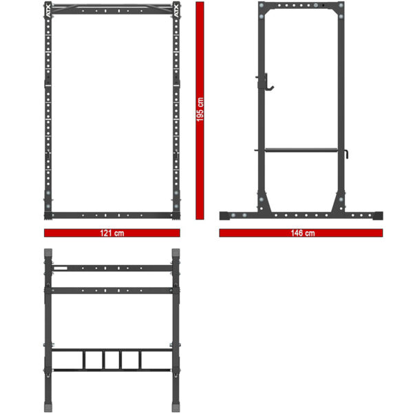 Diagram of the ATX® Power Rack 610 in black, suitable for low ceilings, shown from front, side, and top angles. This three-sided compact rack measures 195 cm high, 121 cm wide, and 146 cm deep with multiple adjustment holes.