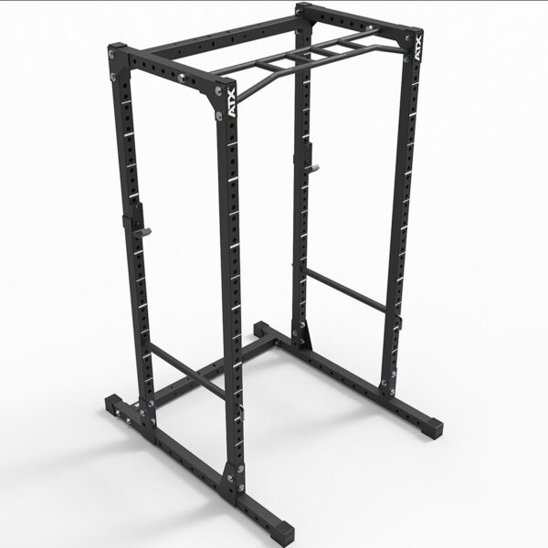 The ATX® Power Rack 620 215cm is a black metal rack with multiple holes for adjustable heights, featuring a pull-up bar at the top and a sturdy base for stability, set against a plain white background.
