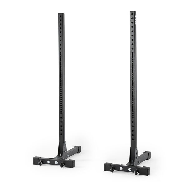 Two ATX® Squat Stands 650 SD in black metal are displayed side by side, featuring multiple adjustment holes and sturdy rectangular bases, designed for weightlifting exercises.