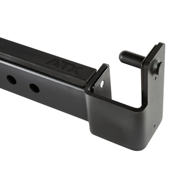 Close-up of a black metal ATX® Spotter Bars 75cm with an L-shaped hook and protruding peg, designed to hold weight bars. It features multiple adjustment holes and ATX markings on the side.
