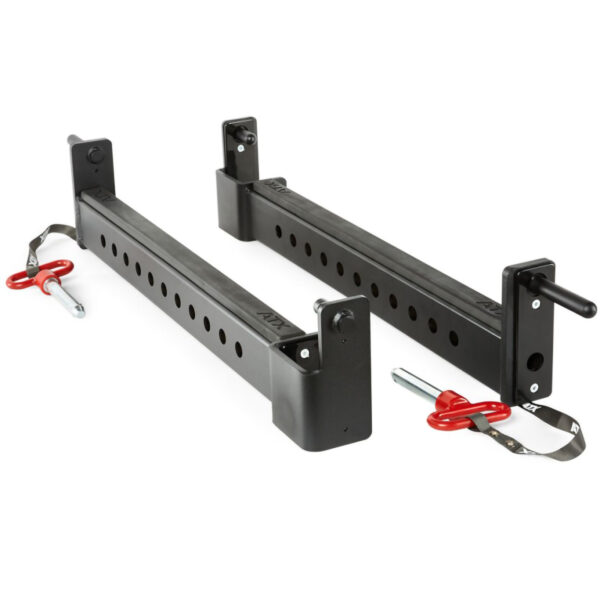 The ATX® Spotter Bars 75cm are two black adjustable safety arms with multiple height adjustment holes. Each arm has a red locking pin with a strap to secure them in place. These sturdy arms are ideal for gym equipment.