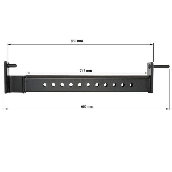 The black ATX® Spotter Bars 75cm are adjustable metal beams with holes, measuring 830 mm wide. They feature arrows showing a length of 715 mm and can extend to a maximum reach of 950 mm.