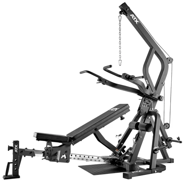 The ATX Triplex Multi Gym is a compact home gym machine featuring various attachments, including a bench, adjustable pulleys, and weight resistance options. Its sturdy black frame is perfect for strength training exercises while saving space in your workout area.