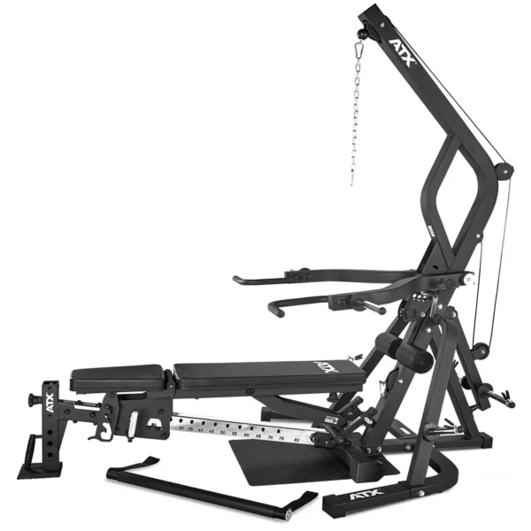 The ATX Triplex Multi Gym is a multifunctional fitness machine with a sleek black and silver frame designed for various strength training exercises. It features adjustable arms, a padded bench, and a pulley system, making it an ideal compact home gym solution for versatile workouts.