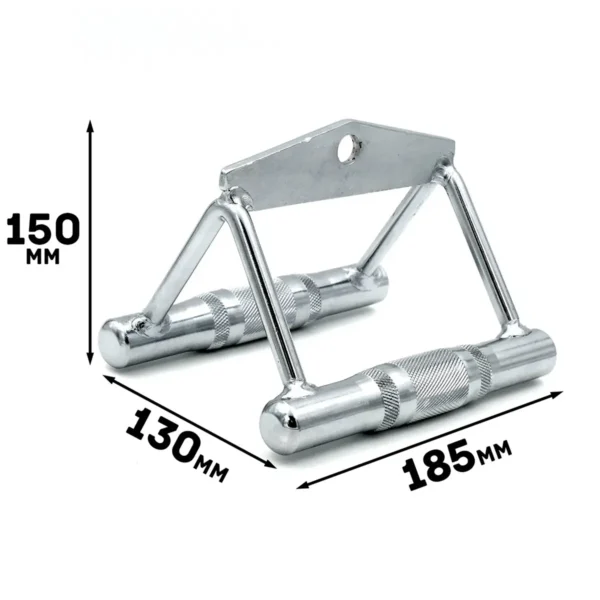 The Close Grip Cable Row Handle is a chrome triangular pull-down cable attachment with knurled handles, measuring 150mm in height, 130mm in depth, and 185mm in width.