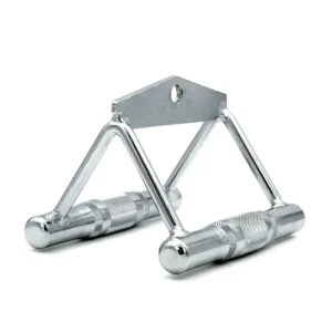 The Close Grip Cable Row Handle has a V-shaped design, textured handles for excellent grip, a central hole for attachment, and a shiny silver finish, ideal for close grip cable rows.