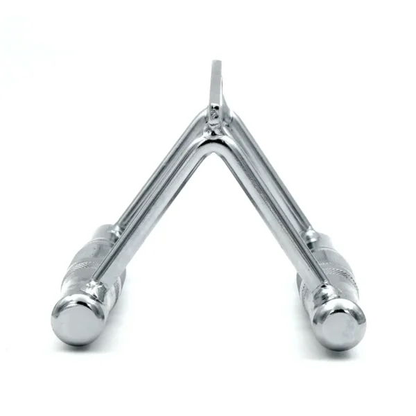 Close-up of the Close Grip Cable Row Handle, chrome-plated with knurled grips on V-shaped parallel bars. Designed for cable machines, it appears against a plain white background.