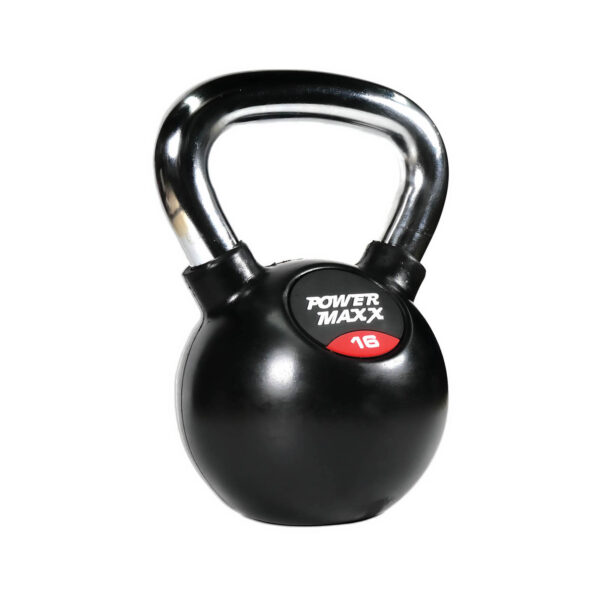 A black kettlebell with a silver handle labeled Power Maxx 4kg, set against a white background.