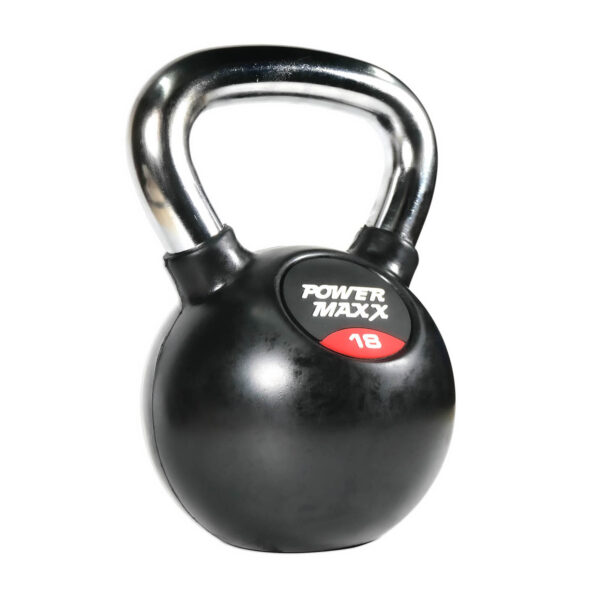 A black kettlebell featuring a shiny silver handle, the POWER MAXX logo, and the weight 4kg prominently displayed on the front.