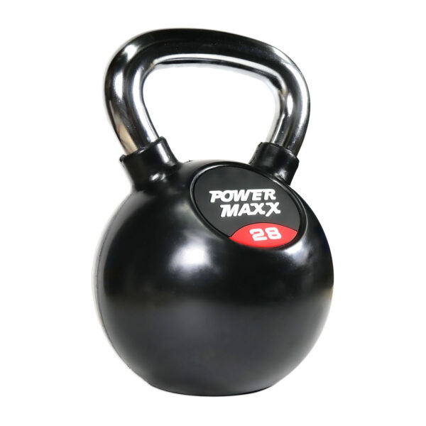 A 4kg black kettlebell with a shiny handle and a red and white Power Maxx label on the front.