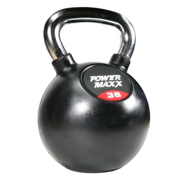 A black kettlebell with a shiny metal handle features a label saying Power Maxx 4kg Kettlebell.