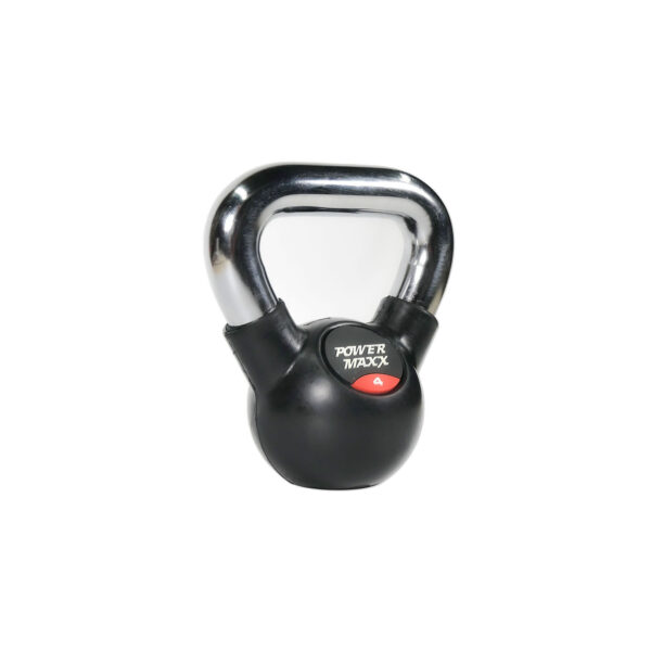 The Power Maxx 4kg Kettlebell is black with a shiny silver handle, and features POWER MAXX printed on the front, plus a red circle displaying the number 4.