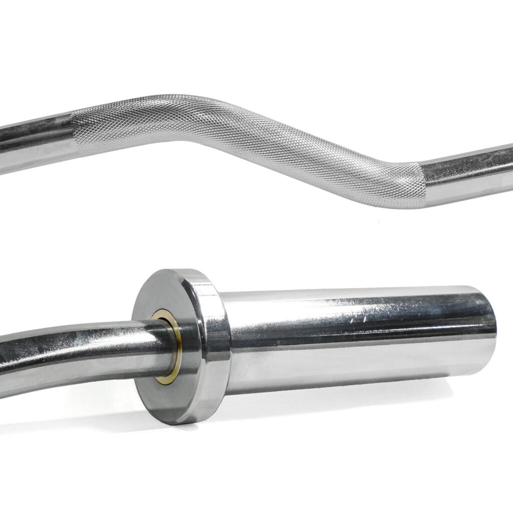 Close-up of the Olympic EZ Curl Bar with a shiny metallic finish and textured grip. Its rotating sleeve boosts performance, and the chrome surface reflects light, highlighting its smooth, sturdy design perfect for weightlifting exercises.