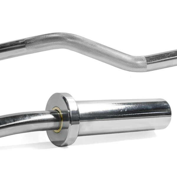 Close-up of the Olympic EZ Curl Bar with a shiny metallic finish and textured grip. Its rotating sleeve boosts performance, and the chrome surface reflects light, highlighting its smooth, sturdy design perfect for weightlifting exercises.
