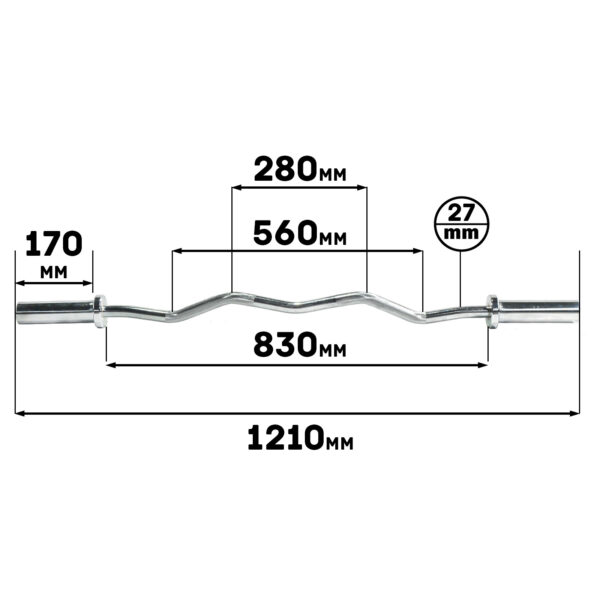 Diagram of the Olympic EZ Curl Bar: It’s 1210mm long with 170mm on each end, a 560mm central section, and an 830mm wavy middle. The diameter is 27mm, resembling an EZ curl bar for precision lifting and optimal grip.