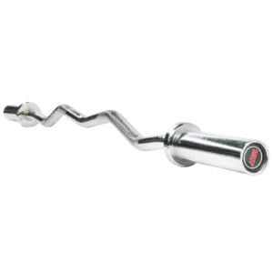 The Olympic EZ Curl Bar, with its wavy design ideal for weightlifting, features a chrome finish, bushings for weight attachment, and a logo on the end cap—all beautifully presented on a white background.