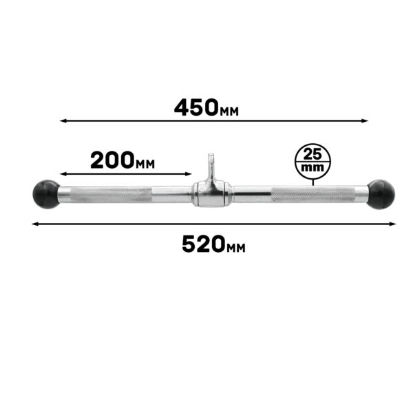 The Revolving Straight Bar is a metal gym attachment measuring 520mm in total length, with grips spaced 450mm apart. The grip measures 200mm in length and the bar has a diameter of 25mm. It features knurled grips and rubber-capped ends.