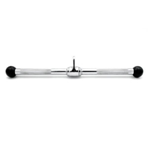The Revolving Straight Bar is a chromed metal gym cable attachment with rubber grips on both ends, ideal for triceps press-downs. It features a central loop for pulley system connections.