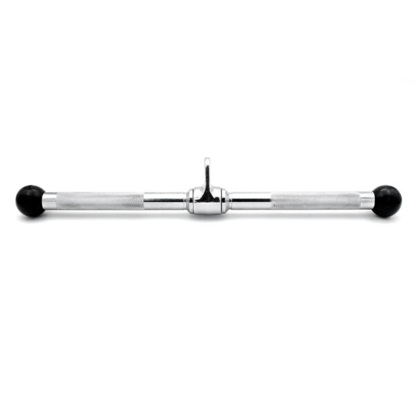 The Revolving Straight Bar is a chromed metal gym cable attachment with rubber grips on both ends, ideal for triceps press-downs. It features a central loop for pulley system connections.