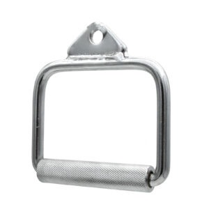 The Stirrup Handle is a metal D-handle with a knurled grip, ideal for cable machine workouts like rows or tricep extensions. It features a triangular attachment point for seamless cable connection.