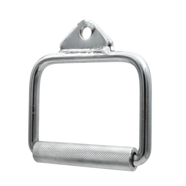 The Stirrup Handle is a metal D-handle with a knurled grip, ideal for cable machine workouts like rows or tricep extensions. It features a triangular attachment point for seamless cable connection.