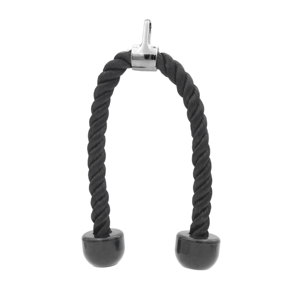 The Tricep Rope Attachment features a black, thick twisted rope with two rubber ends and a metal connector on top. Its perfect for gym equipment, offering a secure grip and robust design; the image displays it suspended vertically.