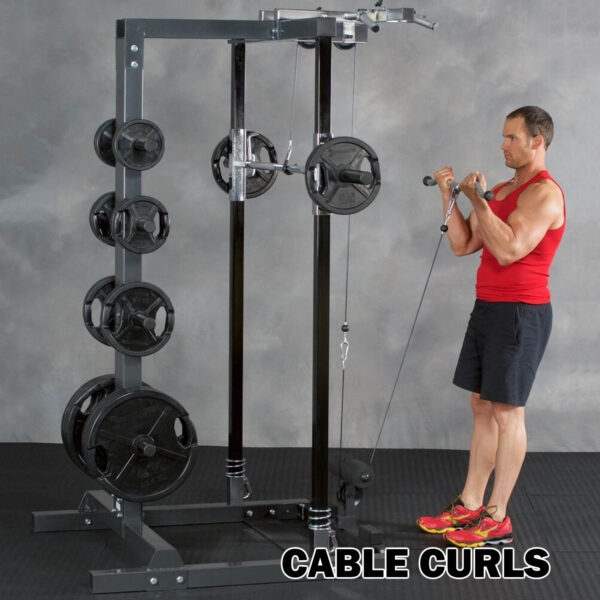 A person in a red tank top and black shorts performs cable curls with the Ironmaster IM2000 Self-Spotting Smith Machine in a gym. Text at the bottom reads CABLE CURLS.
