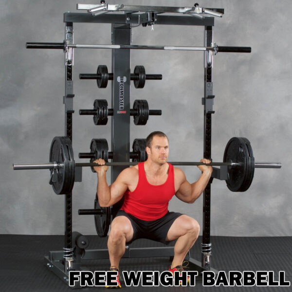 A man in a red tank top and black shorts squats with a barbell on the Ironmaster IM2000 Self-Spotting Smith Machine against a plain gray wall. The text below says FREE WEIGHT BARBELL.