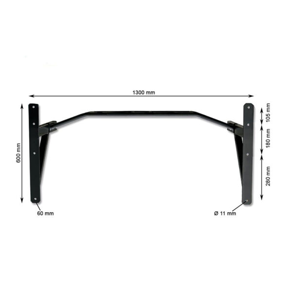 The ATX® Gladiator Chin Up Bar, crafted from black metal, is wall-mounted with dimensions: 1300mm width, 30mm bar diameter, and mounting plates sized at 60mm by 600mm. It extends 105mm from the wall.