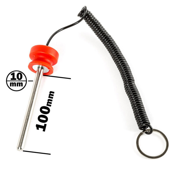 The Magnetic 10mm Weight Stack Pin 100mm is a metal probe featuring a red plastic handle, a black coiled wire with a keyring, measuring 100mm in length and 10mm in diameter.