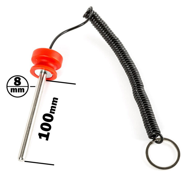 The Magnetic 8mm Weight Stack Pin 100mm features a red-gripped metal rod, connected to a black coiled wire with a metal keyring.