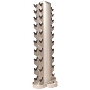 A vertical silver dumbbell rack with multiple slots on each side, designed to hold a set of dumbbells. The rack is freestanding and has a sturdy base.