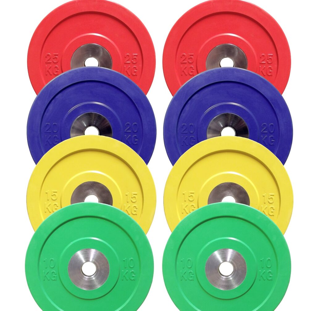 A set of eight brightly colored weight plates arranged in two columns. Each column features red (25 kg), blue (20 kg), yellow (15 kg), and green (10 kg) plates, with a central metal ring in each plate.