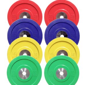 A set of eight brightly colored weight plates arranged in two columns. Each column features red (25 kg), blue (20 kg), yellow (15 kg), and green (10 kg) plates, with a central metal ring in each plate.
