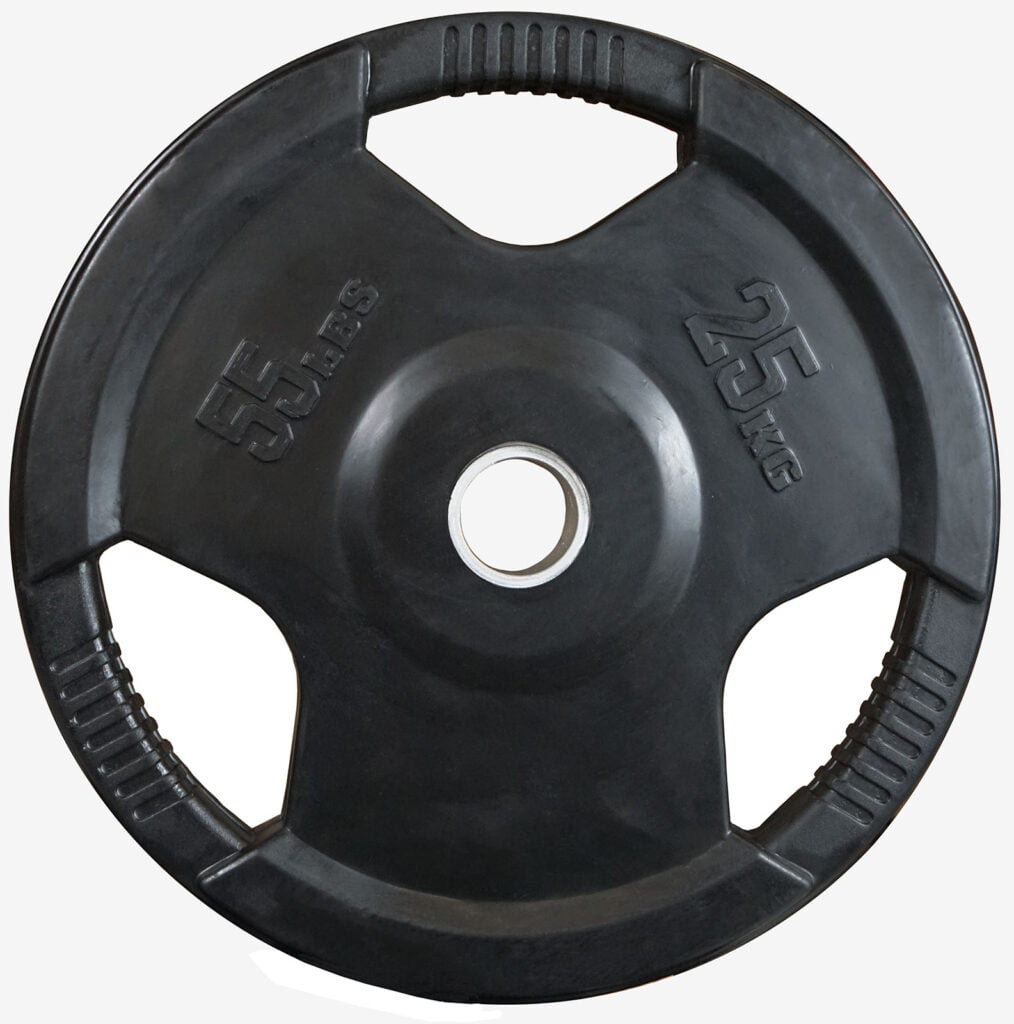 A black weight plate with a central hole, labeled 25 kg and 55 lbs, featuring grip handles on the edges for easy lifting.