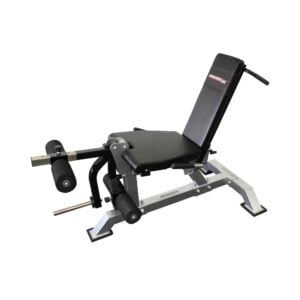 A black and silver adjustable weight bench with padded backrest and leg extension attachment. It is designed for strength training and has a sturdy metal frame and removable components.