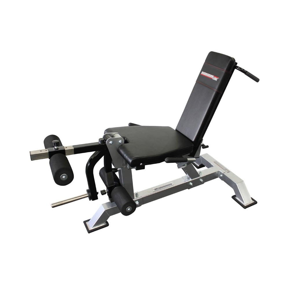 A black and silver adjustable weight bench with padded backrest and leg extension attachment. It is designed for strength training and has a sturdy metal frame and removable components.